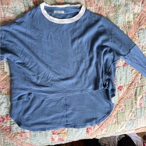 We The Free Blue Waffle Knit Top with White Trim